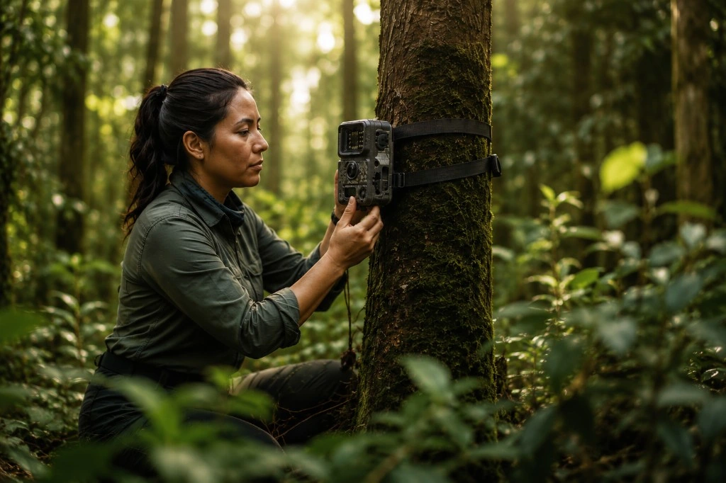 A conservationist checking a camera trap on a mossy tree in the forest